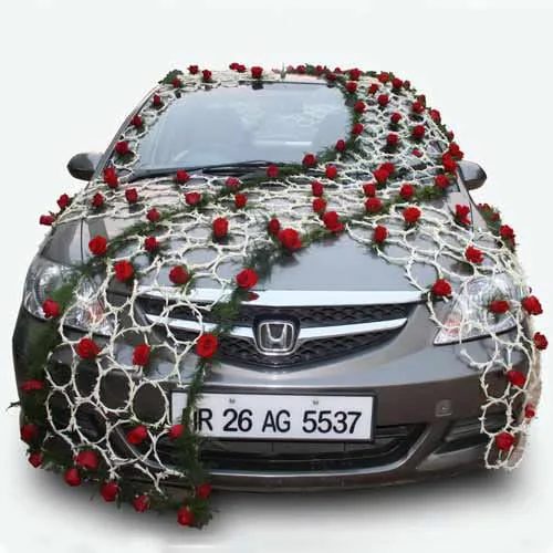 Wedding Car #6 — White Red Roses Car Full Cover — PhoolNagar.com