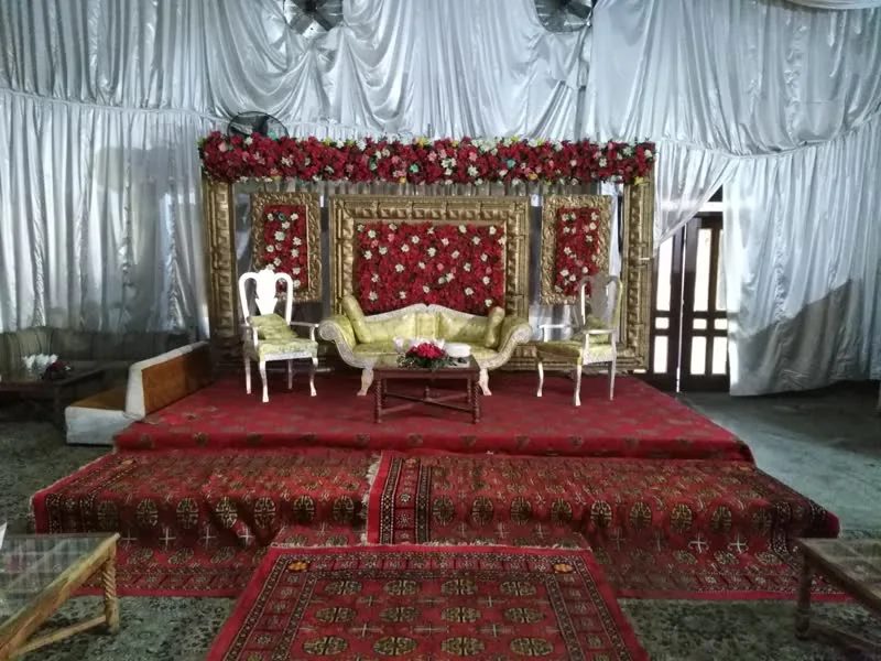 Wedding Stage #72 — Royal Red Gold Stage Setup — PhoolNagar.com