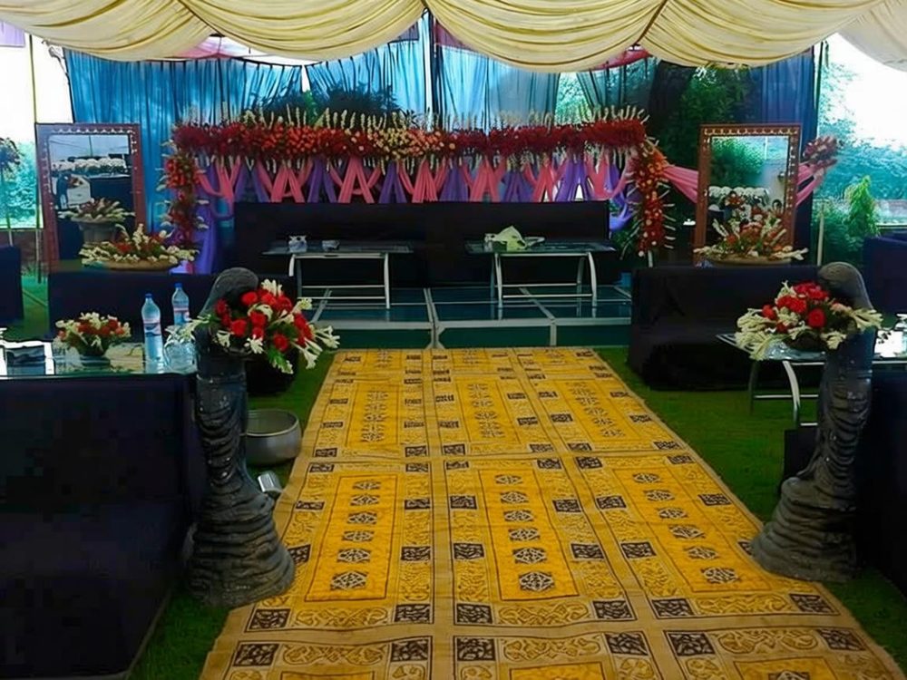 Wedding Stage #122 — Yellow Marigold Stage with Drapes — PhoolNagar.com